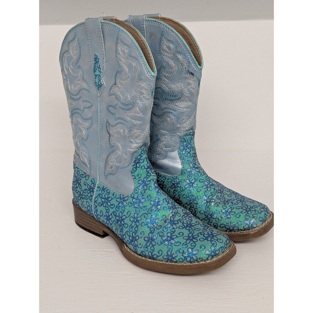Roper Kids Girls' Glittery Flower Floral Glitter Western Boot Blue Green SZ 13